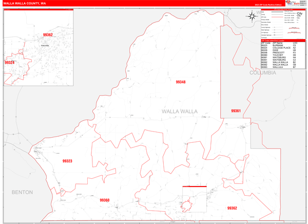 Walla Walla County, WA Wall Map Red Line Style